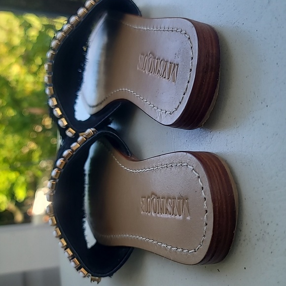 Mystique Women's Shoes Sz 7 Black Flat Leather Sandal Fringe White Swarovski - Picture 4 of 9